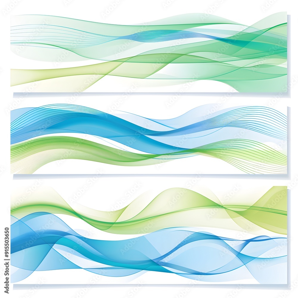 Abstract blue and green vector background banner set with wavy lines on ...