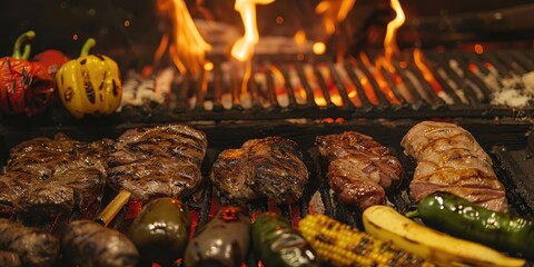 Wall Mural - Assorted meats peppers corn eggplant and banana grilling over a traditional Uruguayan parrilla with firewood and flames in a restaurant kitchen