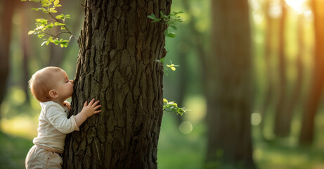 A baby hugs and kisses a tree in a serene forest. Education in values and respect for nature, caring for the environment, and connection with the natural world