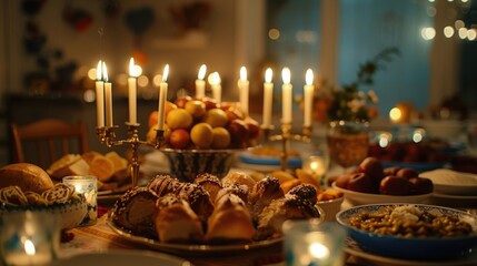 A serene Hanukkah evening with a menorah and traditional foods.