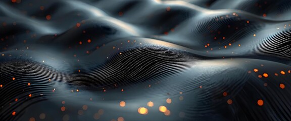 Abstract 3D waves with orange particles, dark hues background, futuristic design, tech wallpaper. Generative AI