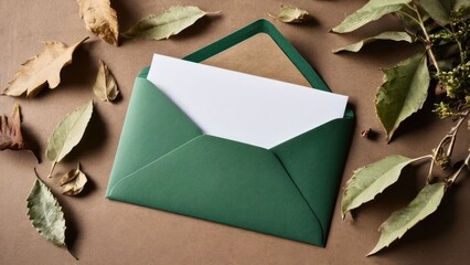 A green and gold greeting card with a brown envelope on top, surrounded by leaves in the background.