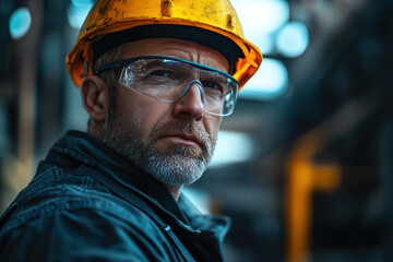 Steel plant employee in mid-age with safety glasses and a yellow helmet, looking at the camera against a blurred background, captured using a Sony Alpha a7 III and macro lens for a sharp focus on work