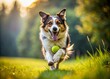 © Man888 - Happy energetic dog in mid-air, tongue out, holding tennis ball in mouth, running freely in lush green grass with blurred background motion effect.