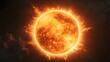 © horizon - Glowing orange sun, detailed surface texture, solar flares, corona visible, large prominent sunspot, high contrast, celestial body, astronomical photography, space imagery.
