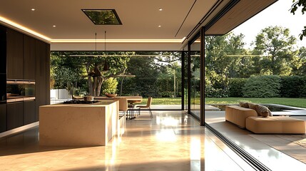 Modern kitchen with open layout, featuring sleek design, natural light, and seamless indoor-outdoor connection to lush greenery.