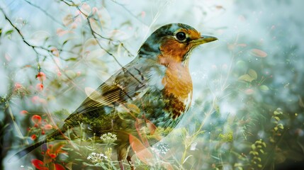 The image is a watercolor painting of a bird sitting on a branch. The bird is facing the viewer and has a bright orange breast. The background is a blur of green and blue leaves.