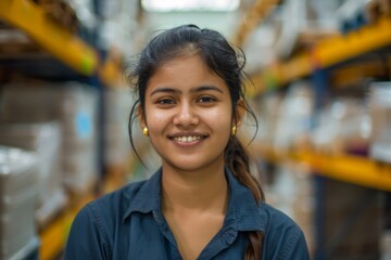 Wall Mural - Portrait of a smiling young adult female warehouse worker