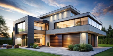 Poster - Modern exterior house with sleek lines and large windows, modern, exterior, house, sleek, lines, large, windows, architecture