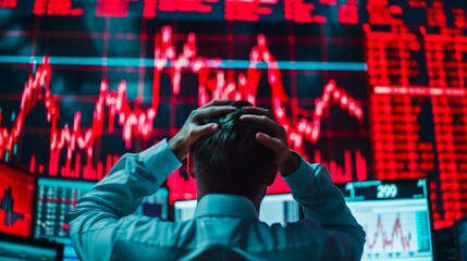 Worried man looking at his screen in his stock exchange office. black monday concept, fall in values