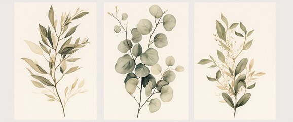 Three Botanical Prints in Frames Hanging Side by Side, Featuring Simple Leaf Drawings on White Background with Neutral Green, Grey, and Brown Gradients

