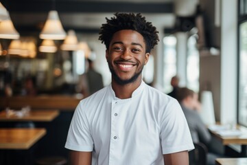 Wall Mural - Portrait of a smiling young waiter at bar