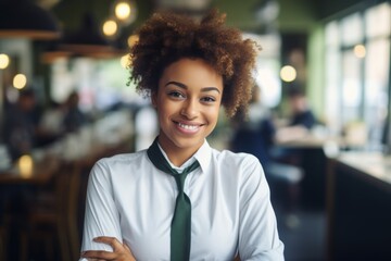 Wall Mural - Portrait of a smiling young waitress at bar