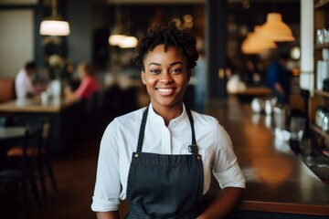 Wall Mural - Portrait of a smiling young waitress at bar