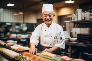 Wall Mural - Smiling portrait of a senior male sushi chef in kitchen