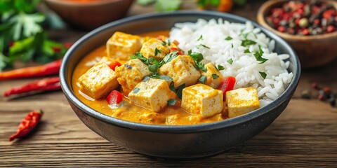 vegan tofu curry with bell peppers, served with rice, rich in flavor, healthy plant-based meal, sele