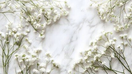 White baby's breath flowers, marble background, soft natural light, flat lay composition, delicate floral arrangement, minimalist aesthetic, fresh spring concept.