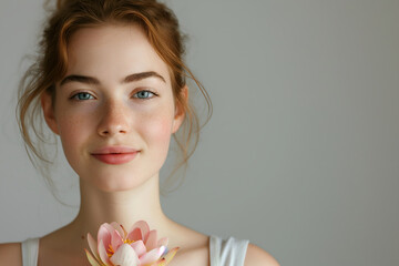 Serene young woman holding a lotus flower, symbolizing peace and natural beauty