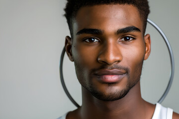 Portrait of a confident male basketball player with a hoop background