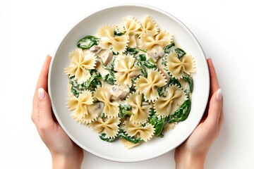 Wall Mural - Hands Holding a Plate of Creamy Spinach and Mushroom Pasta