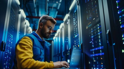 Wall Mural - A man is working on a laptop in a large room with many computer servers