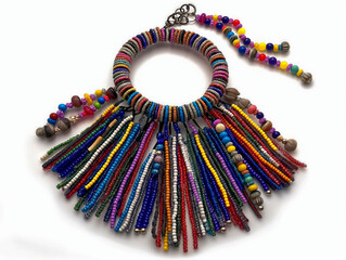 Wall Mural - A colorful necklace with beads and a gold chain. The necklace is made of many different colored beads and has a gold chain