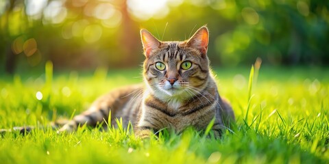 Cat relaxing on vibrant green grass , cat, feline, grass, relaxing, nature, outdoors, green, cute, pet, animal, summer