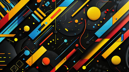 Canvas Print - An abstract pattern with colorful shapes and lines on black background. Arranged in random positions. 