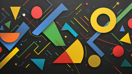 Poster - An abstract pattern with colorful shapes and lines on black background. Arranged in random positions. 