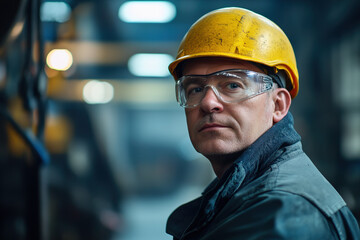 Industrial worker in mid-age wearing a yellow helmet and safety glasses in a steel plant, facing the camera with a soft-focus background, captured with Sony Alpha a7 III and macro lens to emphasize wo