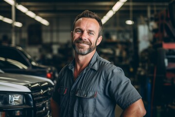 Wall Mural - Smiling portrait of a middle aged car mechanic in workshop