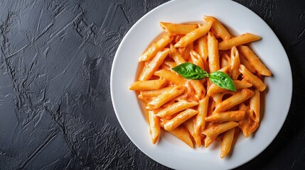 Wall Mural - Penne Pasta with Tomato Sauce and Basil Garnish on a White Plate