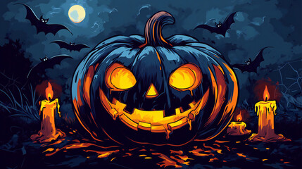 Halloween background with pumpkin and bats candle Full moon sky blue holiday horror 