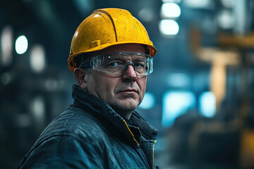 Steel plant professional with safety glasses and yellow helmet, looking at the camera amidst a blurred factory scene, expertly captured with Sony Alpha a7 III and macro lens for a clear representation