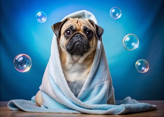 Wall Mural - Adorable griffon or pug dog wrapped in towel, surrounded by soap bubbles, sitting on a bright blue background, providing ample copy space for text or design.