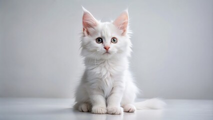 Wall Mural - Adorable white Maine Coon kitten sits alone on a pristine white background, showcasing its fluffy fur, big eyes, and innocent expression in a cute portrait.