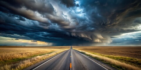 Stormy road cutting through a dark, desolate field, storm, road, dark, field, ominous, weather, rural, countryside