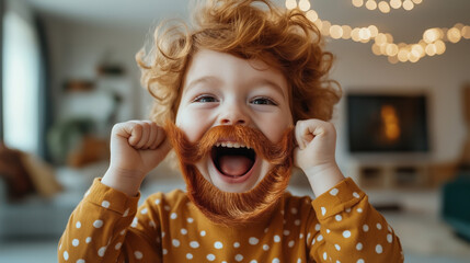 Cheerful child with curly red hair wearing a fake beard, smiling and having fun indoors, with soft background lights in a cozy home setting.