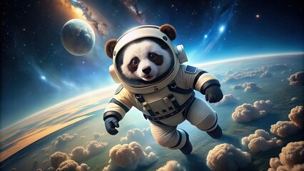 A cute panda wearing a space suit, helmet, and floating in zero gravity, panda, astronaut, space suit, helmet, zero gravity