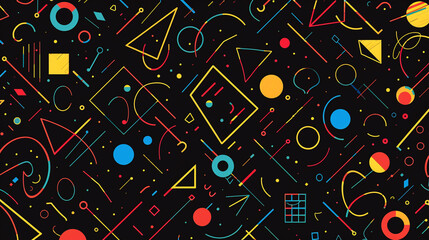 Poster - An abstract pattern with colorful shapes and lines on black background. Arranged in random positions. 