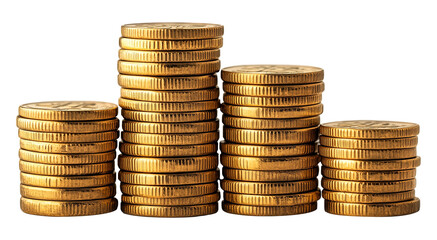 Piles money gold coins of gleaming with isolated against transparent background. 