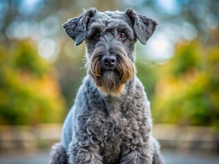 Wall Mural - Adorable Kerry Blue Terrier dog sitting upright, gazing straight ahead with big brown eyes, fluffy blue-gray coat, and cute floppy ears in a calm atmosphere.