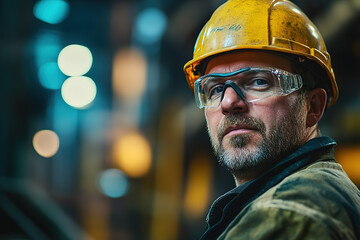 Steel plant worker in his mid-years wearing protective gear including a yellow helmet and safety glasses, standing against a blurred industrial background, professionally captured with a Sony Alpha a7