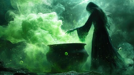 Wall Mural - Mystical Witch Summoning Green Magic Potion in Dark Cauldron with Enigmatic Smoke