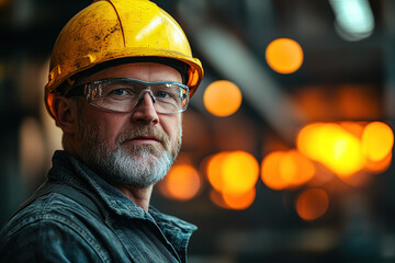 Focused middle-aged man in a steel plant with safety glasses and a yellow helmet, looking directly at the camera with an out-of-focus industrial backdrop, photographed with a Sony Alpha a7 III and mac