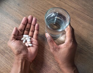 Top view of Man's hand holding pills and glass of water