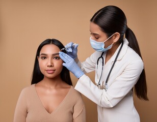 Wall Mural - Cosmetologist doctor making botox injection in forehead to young European woman, lady getting botox