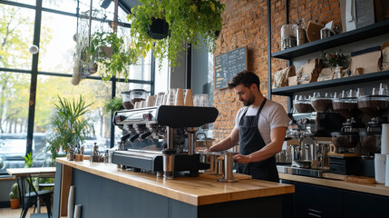 Wall Mural - Barista in a modern coffee shop preparing a drink at a coffee machine with shelves of coffee beans and plants in the background.