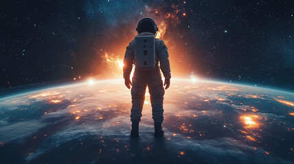 Wall Mural - The astronaut is looking at earth in galaxy