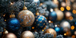 © Hoss - Gold, silver and blue Christmas ornaments  - a close up view of ornate decorations surruonded by warm twinkle lights on a flocked tree